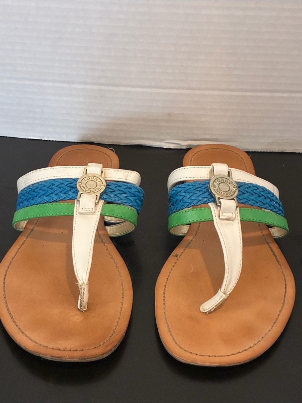 Tommy Hilfiger White, Blue & Green Braided Thong Sandals - Picture 4 of 5